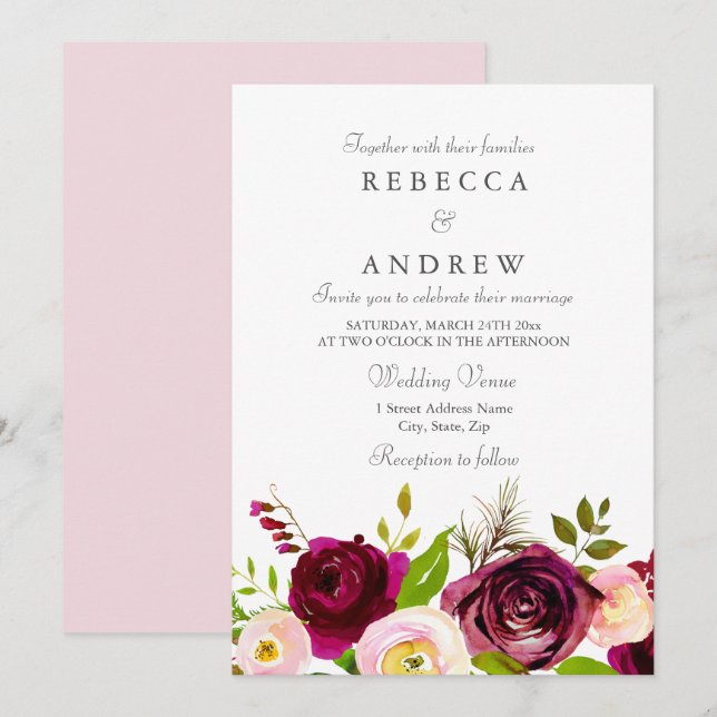 Invitación a la boda de Borgoña Rosa y Flores Rubo (Anverso / Reverso)