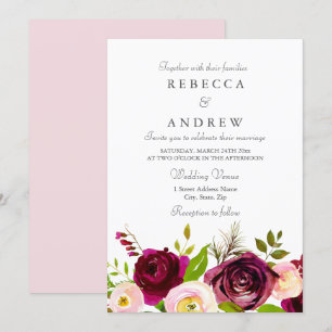 Invitación a la boda de Borgoña Rosa y Flores Rubo
