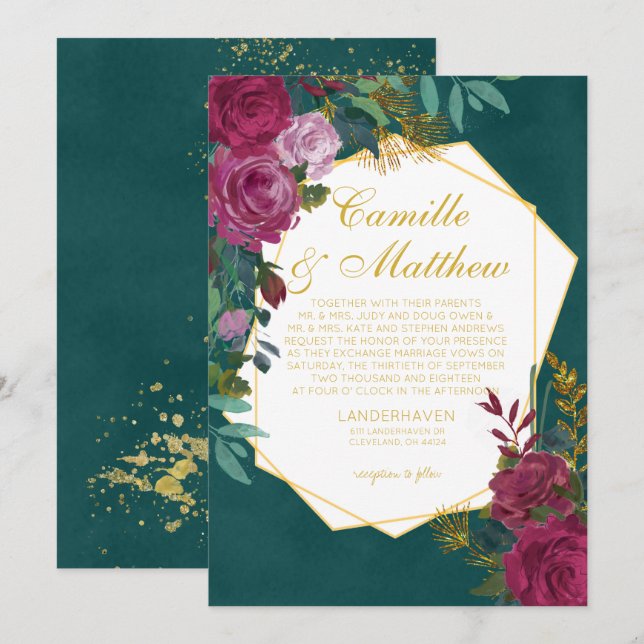 Invitación a la boda de Borgoña y Esmeralda (Anverso / Reverso)