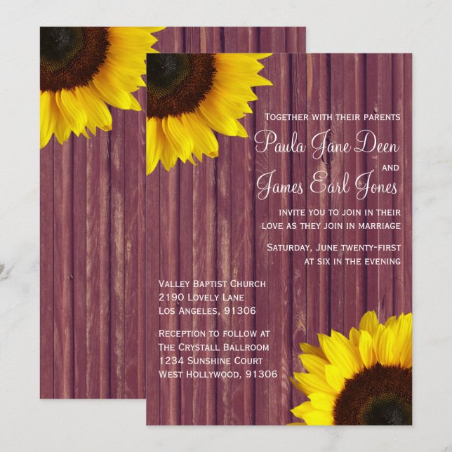 Invitación a la boda de Borgoña y Girasol (Anverso / Reverso)