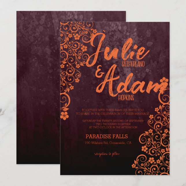 Invitación a la boda de Borgoña y Naranja (Anverso / Reverso)