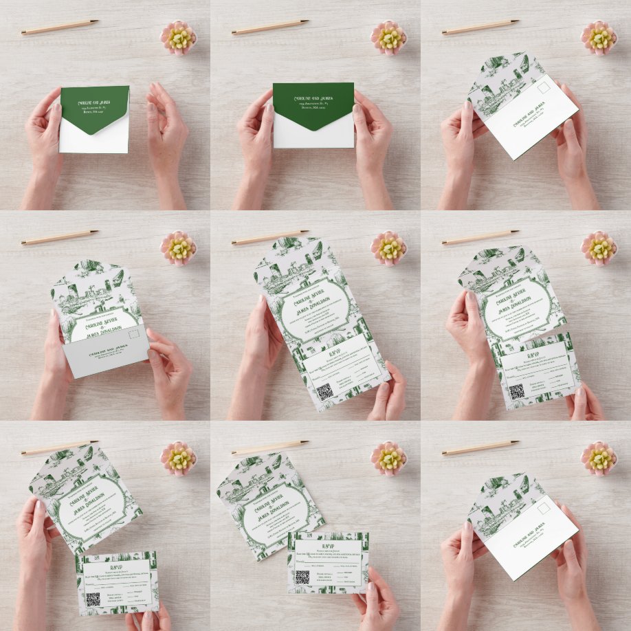 Invitación a la boda de Boston Toile Forest Green