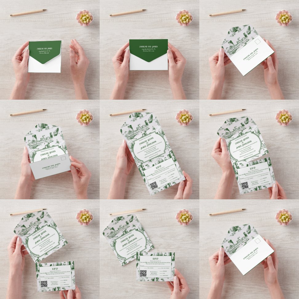 Invitación a la boda de Boston Toile Forest Green 