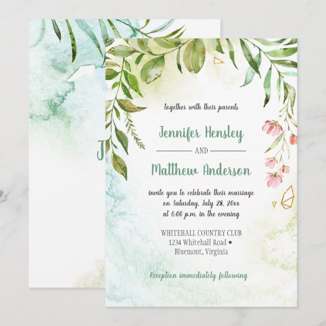 Invitación a la boda de botánicos de oro verde ros (Anverso / Reverso)