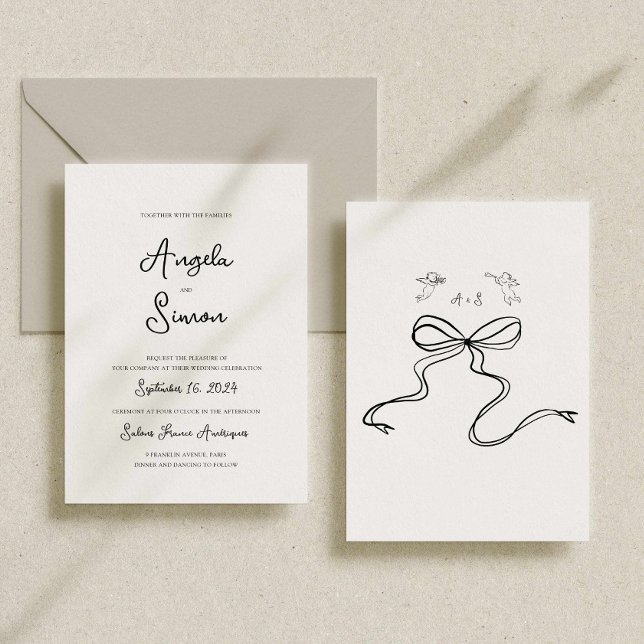 Invitación a la boda de Bow Cherub dibujada a mano (hand drawn wedding invitation, bow cherub illustrated, hand written destination wedding invitation)