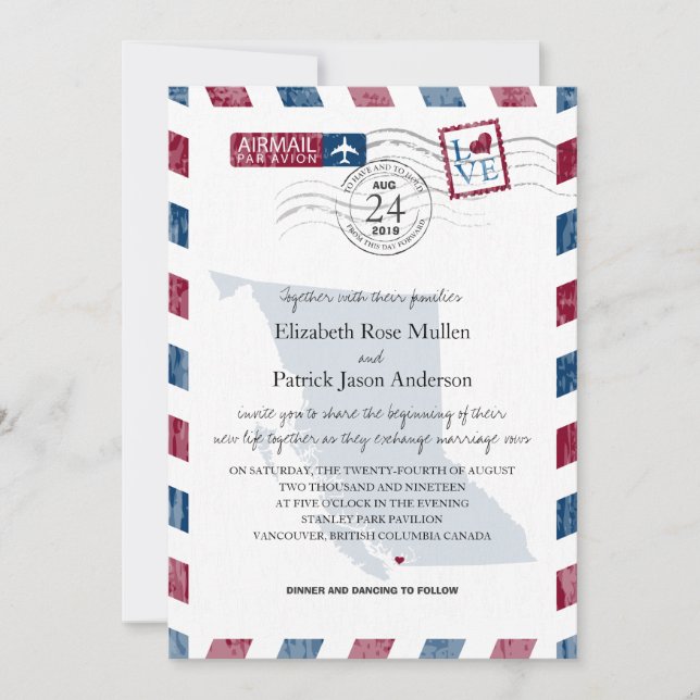 Invitación a la boda de British Columbia Airmail (Anverso)