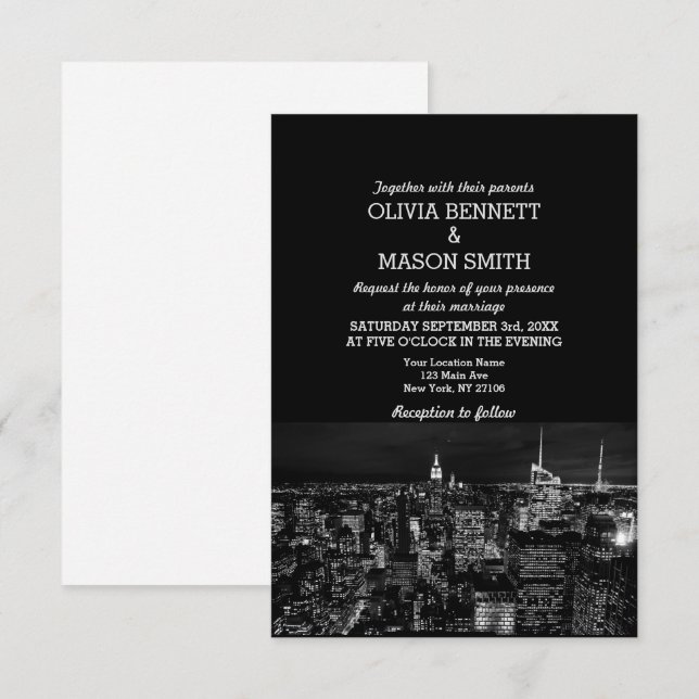 Invitación a la boda de Brooklyn City Skyline en N (Anverso / Reverso)