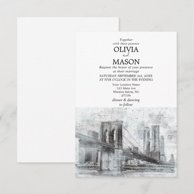 Invitación a la boda de Brooklyn City Skyline en N (Anverso / Reverso)