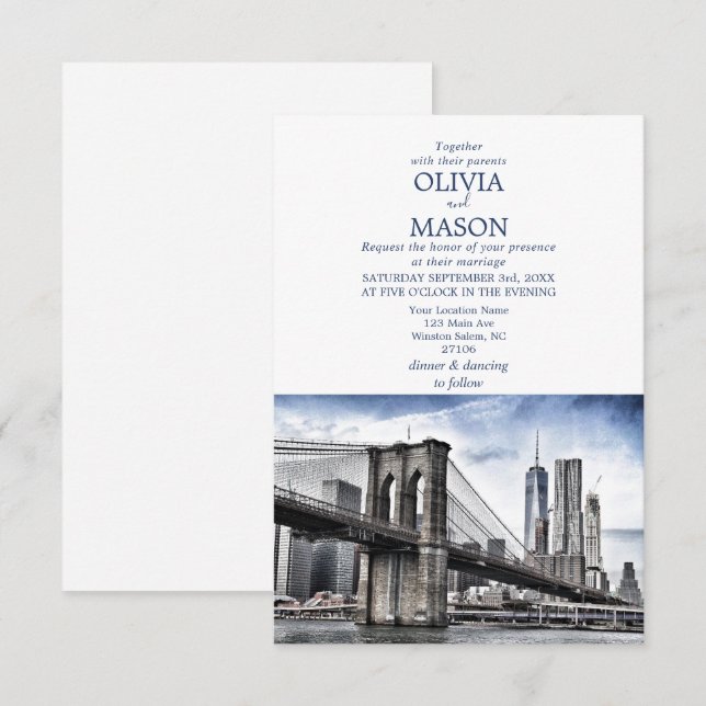 Invitación a la boda de Brooklyn City Skyline en N (Anverso / Reverso)