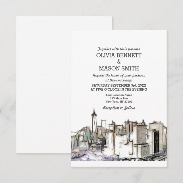 Invitación a la boda de Brooklyn City Skyline en N (Anverso / Reverso)