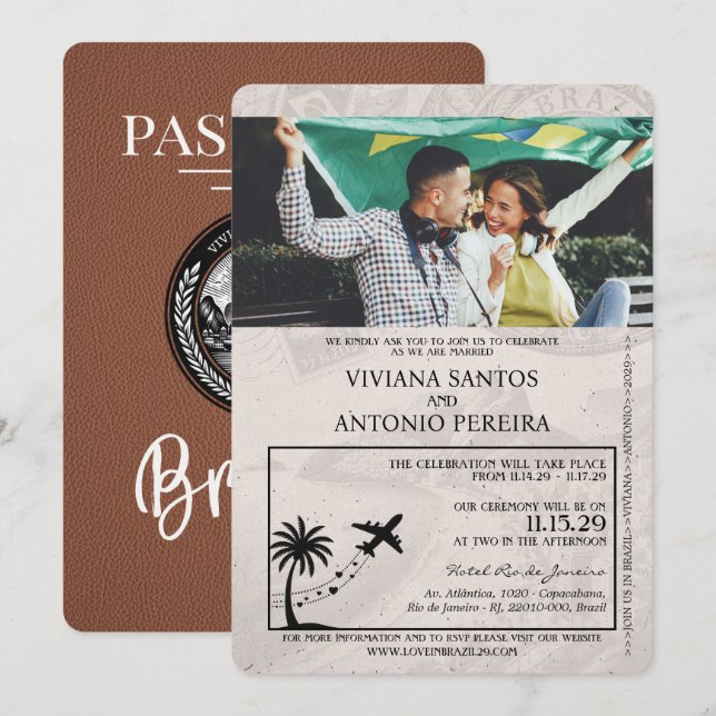 Invitación a la boda de Brown Brazil Passport (Anverso / Reverso)