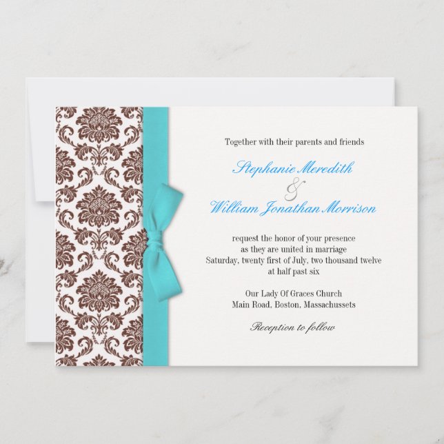 Invitación a la boda de Brown Damask Aqua Bow (Anverso)