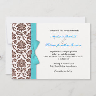 Invitación a la boda de Brown Damask Aqua Bow