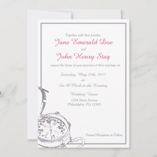 Invitación a la boda de brújula de viajes grises (Anverso)