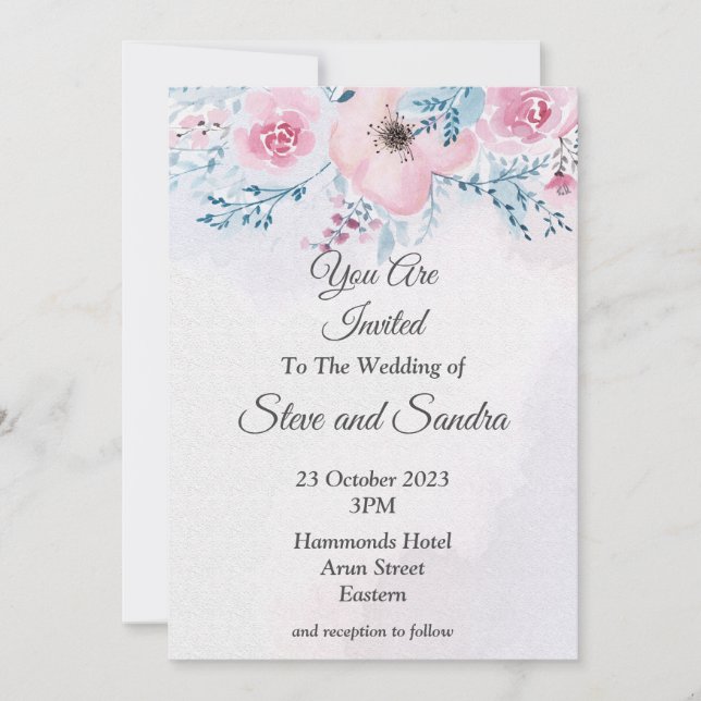 Invitación a la boda de buen gusto, acuarela rosa (Anverso)