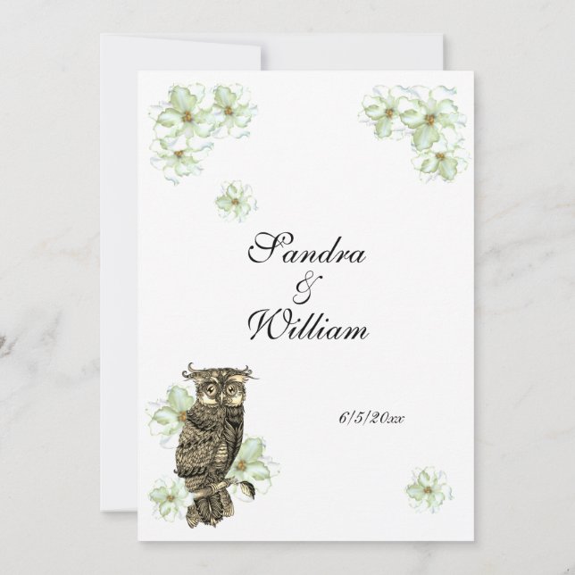 Invitación a la boda de búho dorado y flores verde (Reverso)