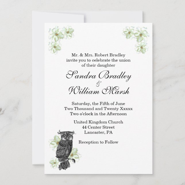 Invitación a la boda de búhos y flores verdes (Anverso)