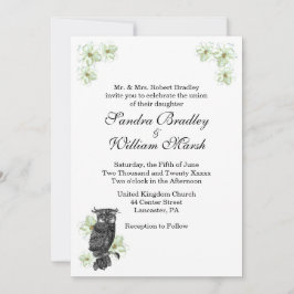 Invitación a la boda de búhos y flores verdes