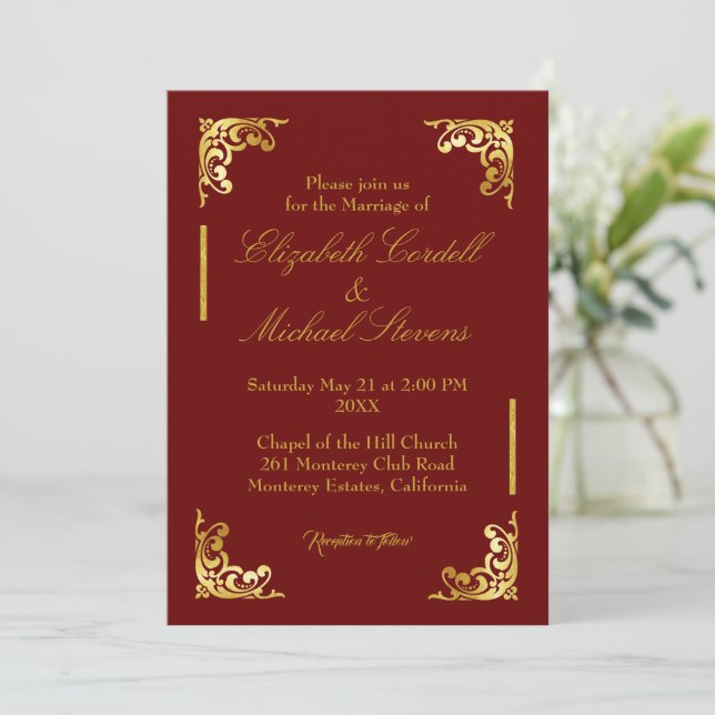 Invitación a la boda de Burgundy Faux Gold Script (Anverso de pie)
