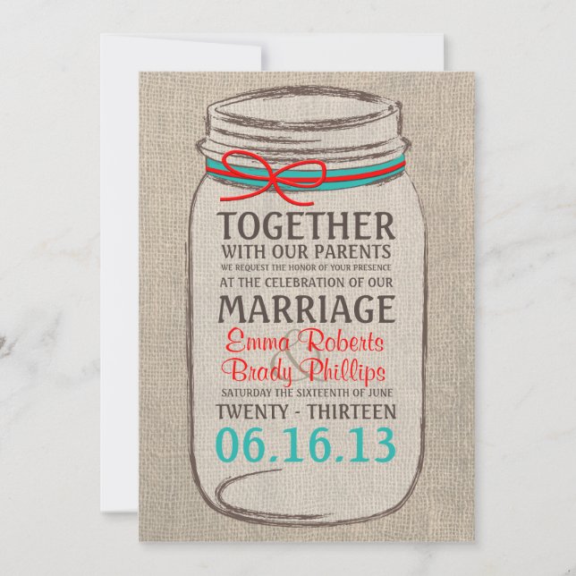 Invitación a la boda de Burlap & Mason Jar (Anverso)