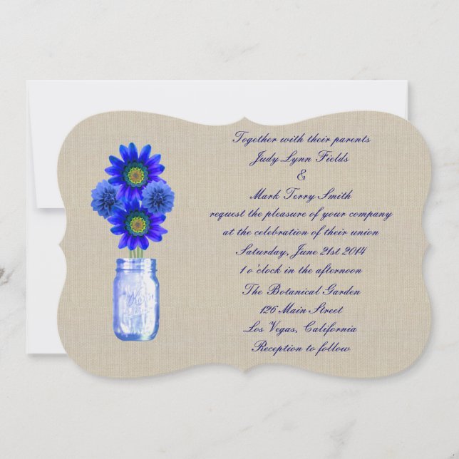 Invitación a la boda de Burlap Rustic Blue Mason J (Anverso)