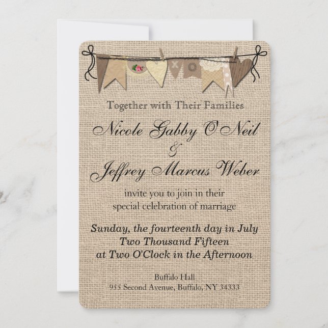 Invitación a la boda de Burlap, un país rústico (Anverso)