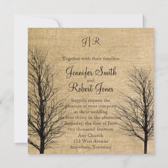 Invitación a la boda de Burlap y Birch Posh (Anverso)