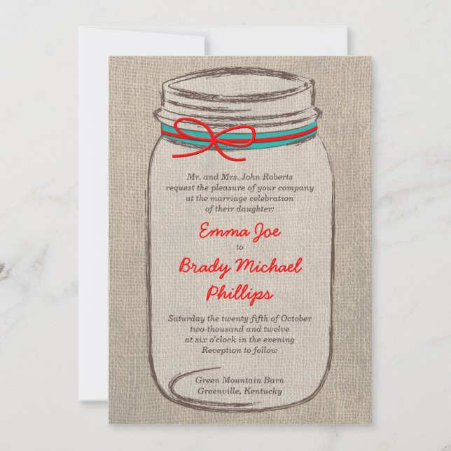 Invitación a la boda de Burlap y Mason Jar (Anverso)