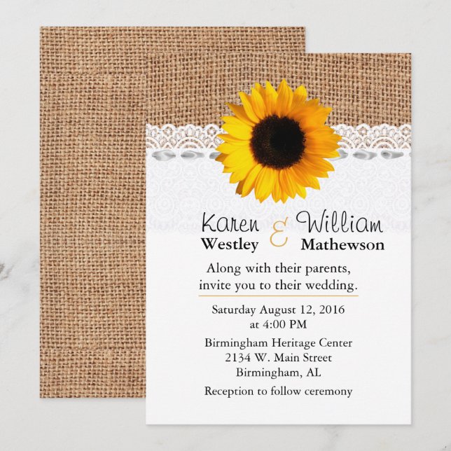 Invitación a la boda de Burlap y Sunflower rústico (Anverso / Reverso)
