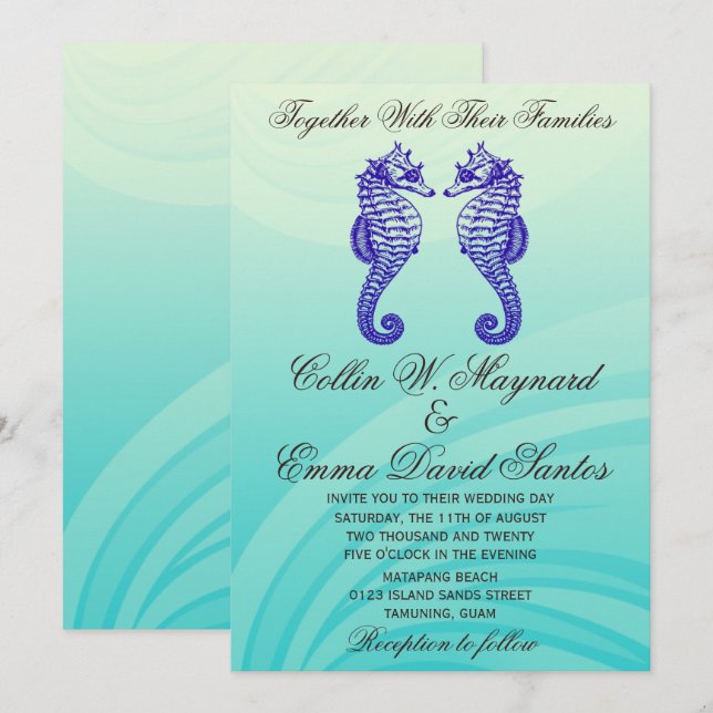 Invitación a la boda de caballitos de mar azules (Anverso / Reverso)