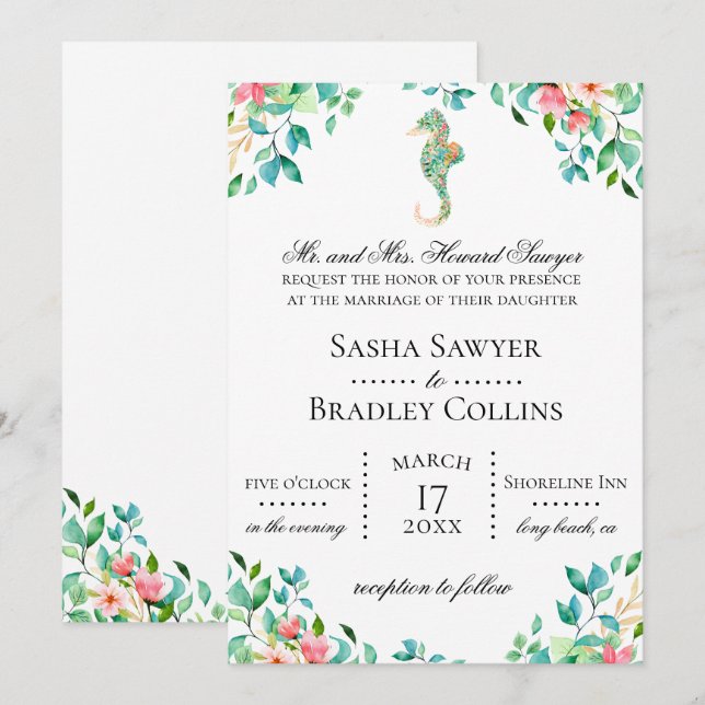 Invitación a la boda de caballitos de mar botánico (Anverso / Reverso)