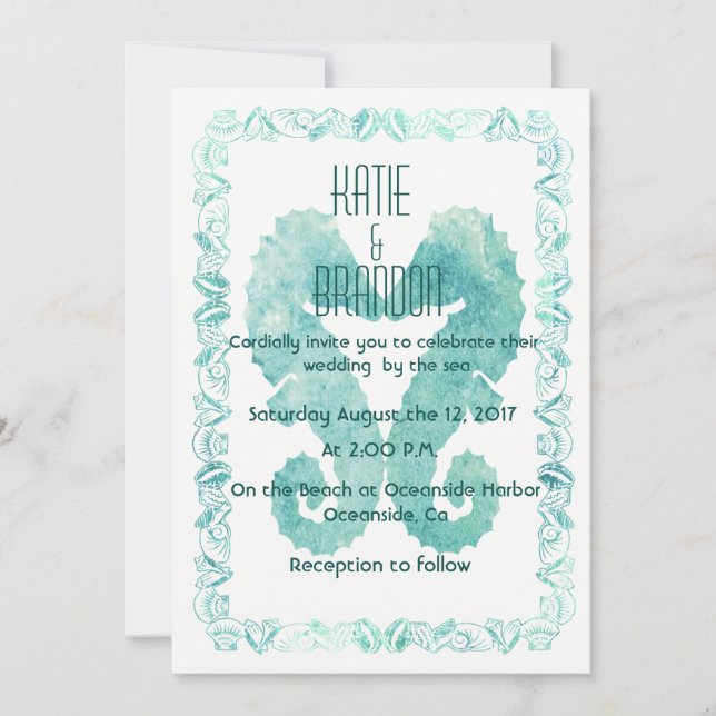 Invitación a la boda de caballitos de mar en turqu (Anverso)