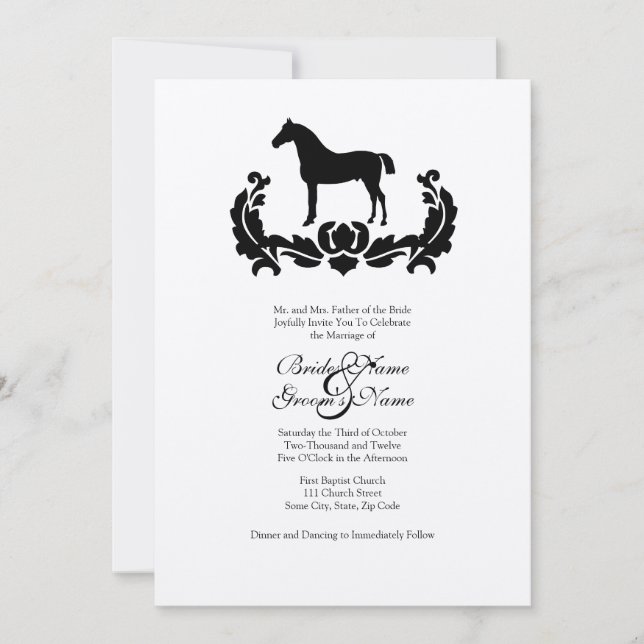 Invitación a la boda de caballos Damasco en blanco (Anverso)