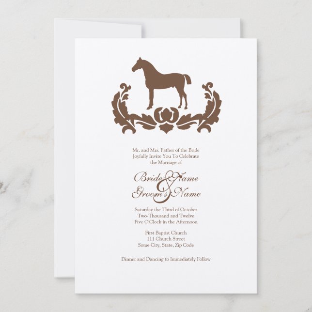 Invitación a la boda de caballos Damasco Marrón y  (Anverso)