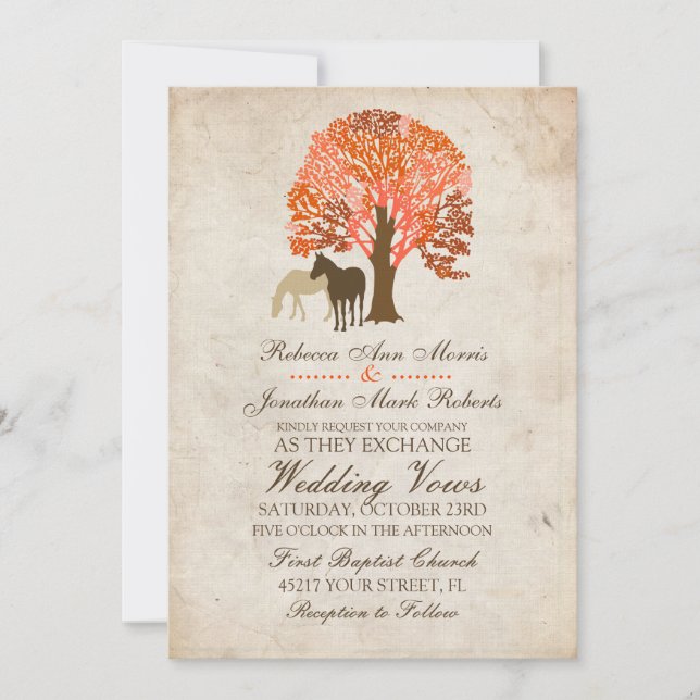 Invitación a la boda de caballos de otoño Naranja  (Anverso)