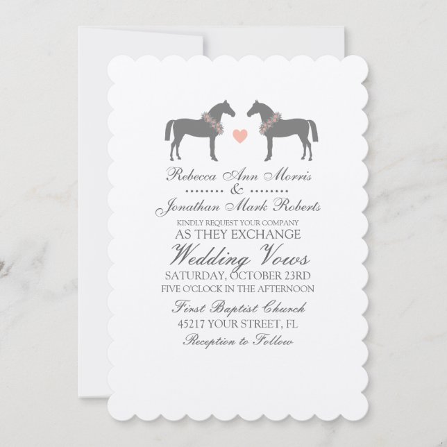 Invitación a la boda de caballos rosas y grises (Anverso)