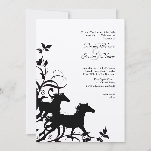 Invitación a la boda de caballos salvajes blancos  (Anverso)