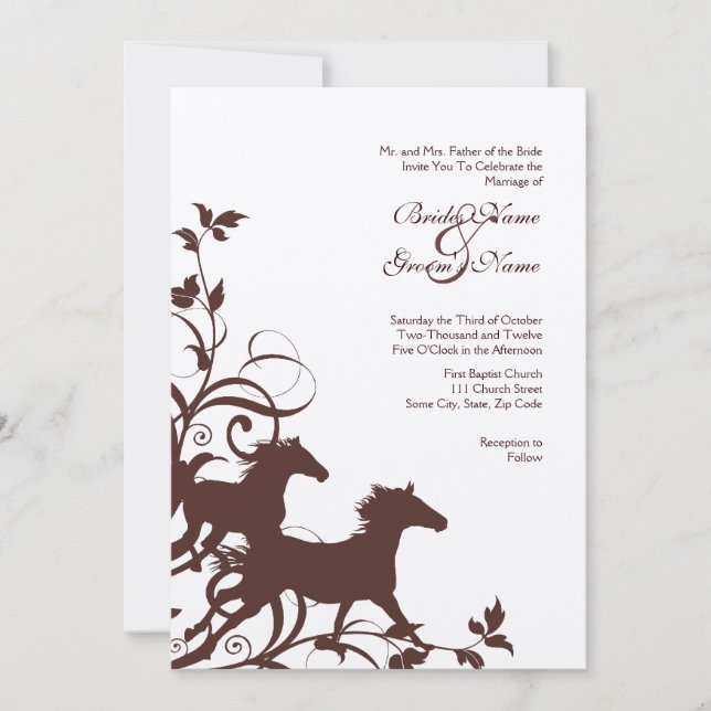 Invitación a la boda de caballos salvajes marrones (Anverso)