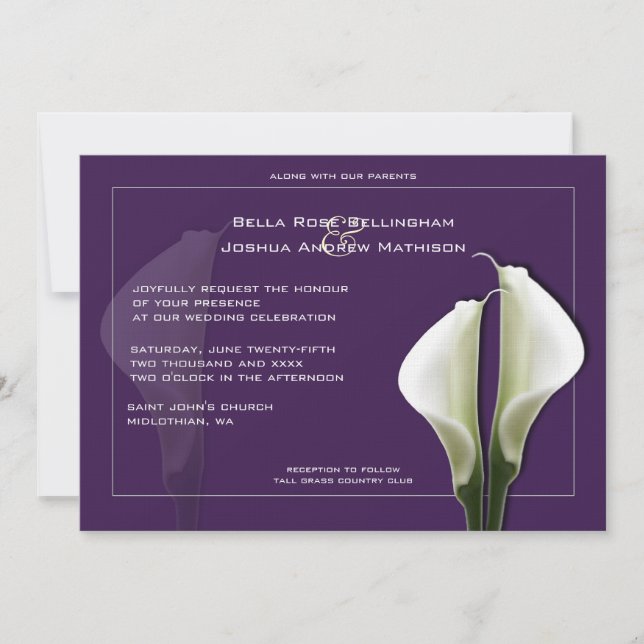 Invitación a la boda de Calla Lilies en morado (Anverso)