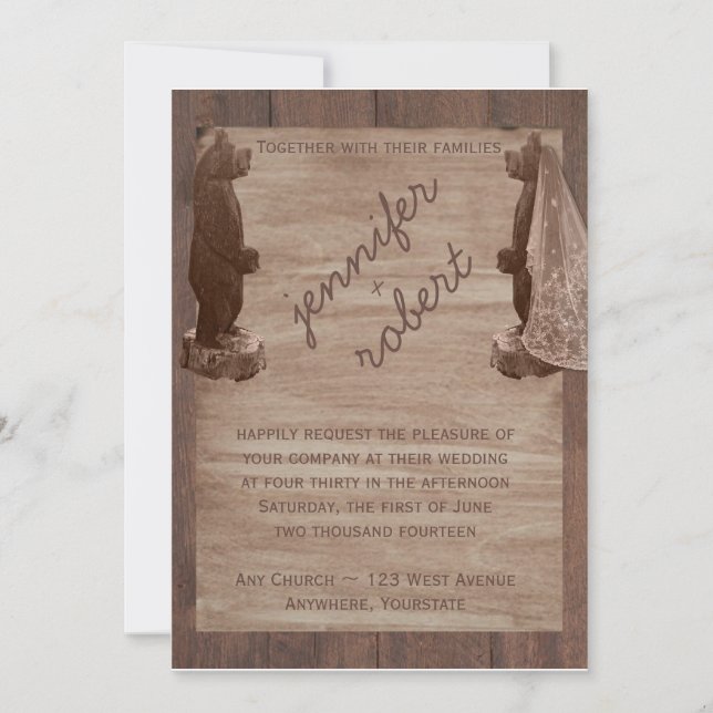 Invitación a la boda de campo de Barn Wood Bears (Anverso)