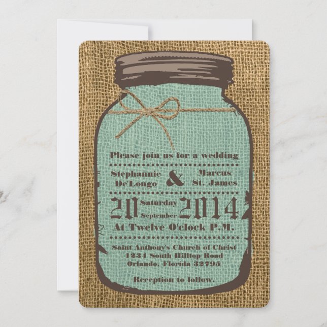 Invitación a la boda de campo de Mason Jar Burlap  (Anverso)