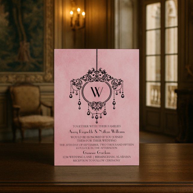 Invitación a la boda de candelabro de color rosa (Pink Vintage Chandelier Wedding Invite)