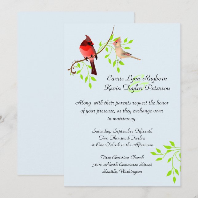 Invitación a la boda de Cardenales Rojos de bonito (Anverso / Reverso)