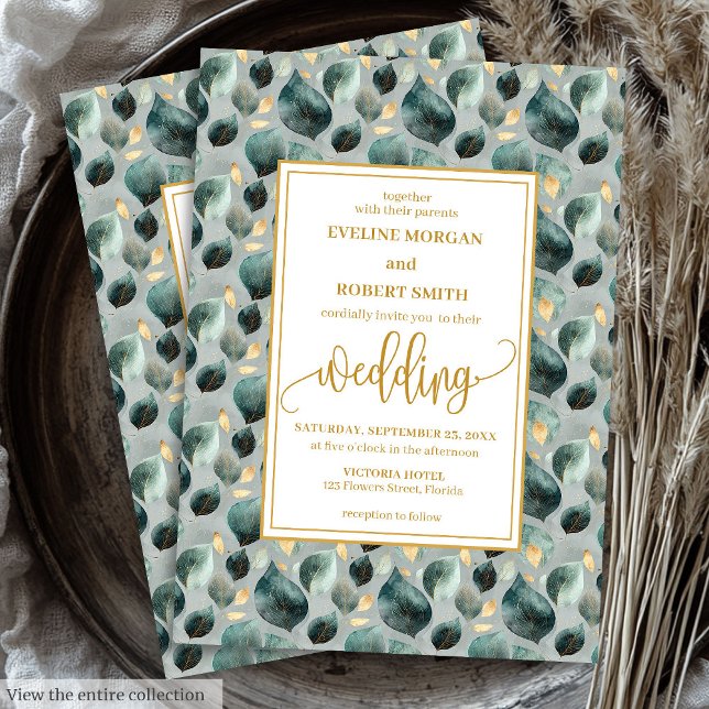 Invitación a la Boda de Cazador Verde de Oro (Bold Hunter Green Gold Greenery Wedding Invitation)
