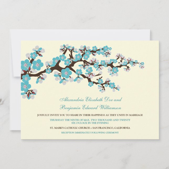 Invitación a la boda de cerezos en flor (aqua) (Anverso)