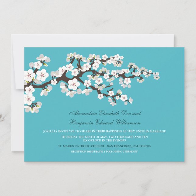 Invitación a la boda de cerezos en flor (aqua) (Anverso)