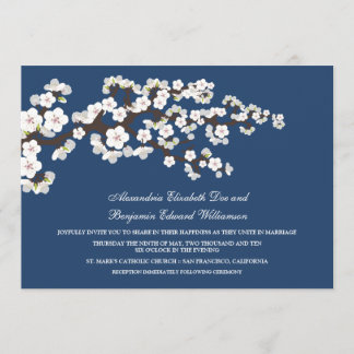 Invitación a la boda de cerezos en flor (azul mari