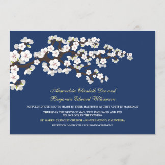 Invitación a la boda de cerezos en flor (azul mari