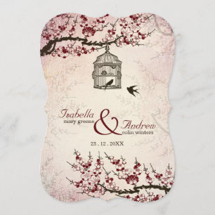 Invitación a la boda de cerezos y aves amorosas