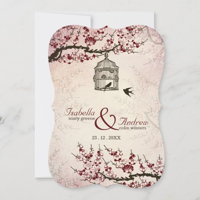 Invitación a la boda de cerezos y aves amorosas (Anverso)